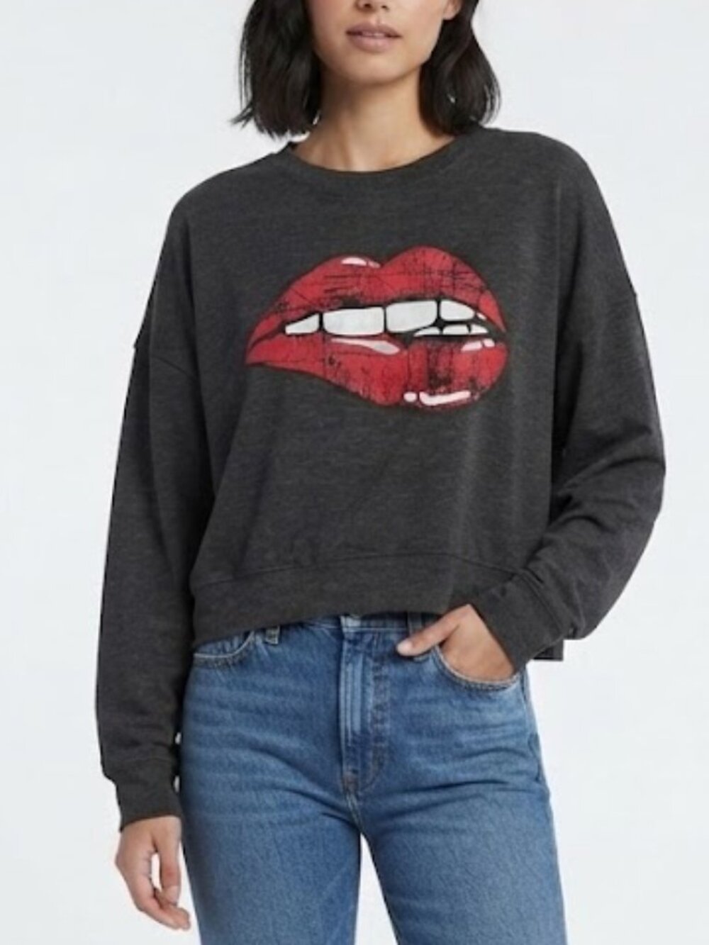 Altar’d State Distressed Red Lips Graphic Cropped Long Sleeve Top Size S